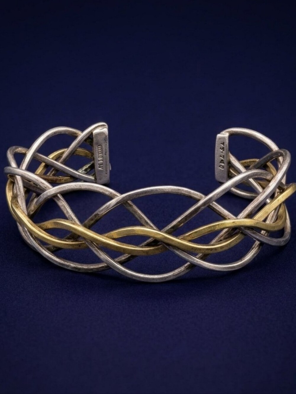 Vintage Mexico 925 Sterling Silver & Brass Twisted Wave Braided Cuff Bracelet